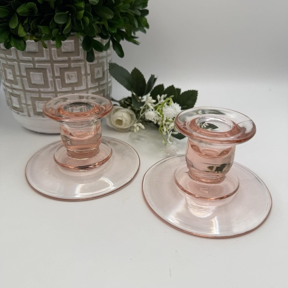 Vintage Pink Depression-Glass Candle Holders Pair- 3" Taper Holders Mid Century